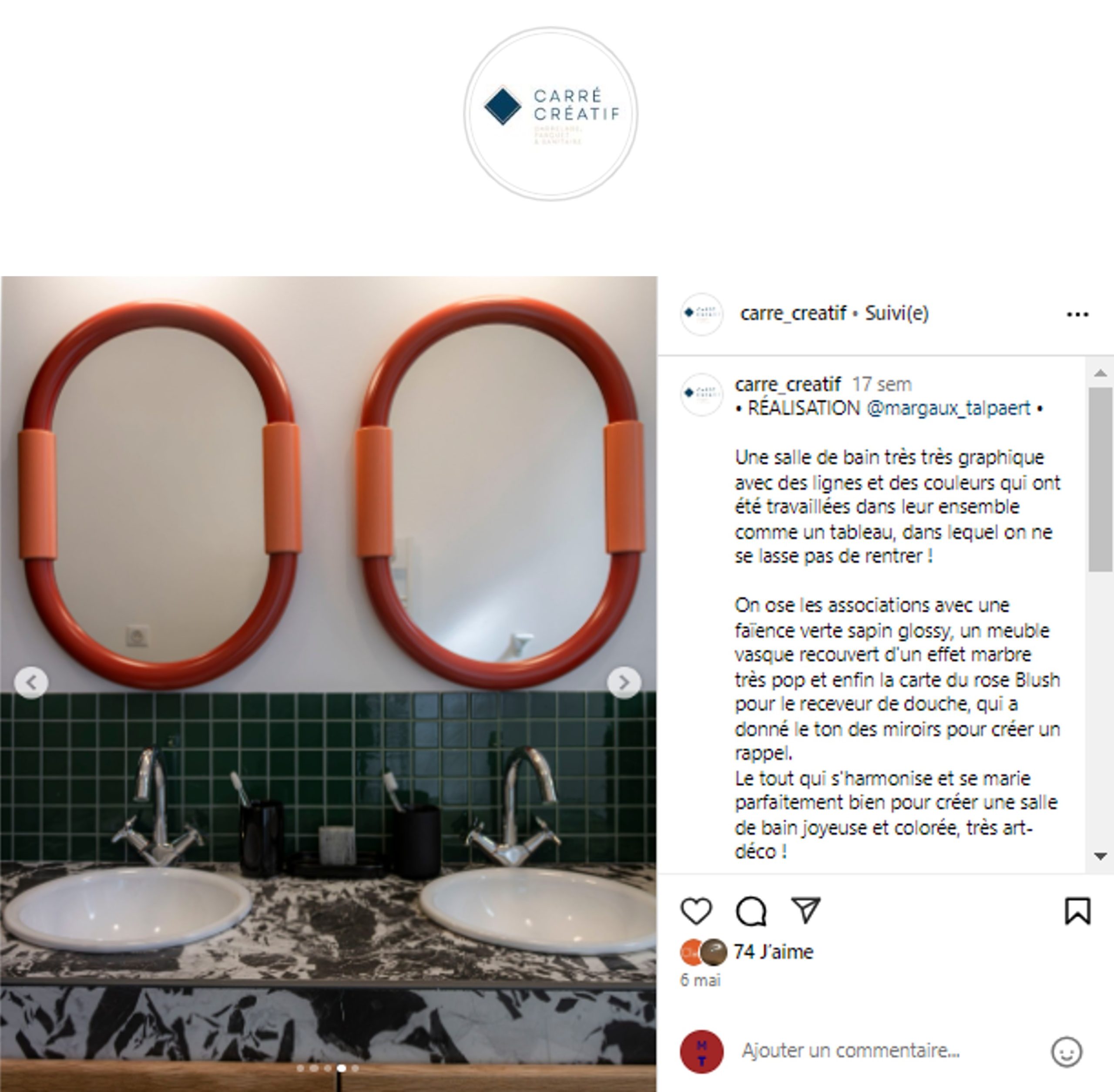 Publication presse article de Carré Créatif Marseille pour la Salle de bain du projet Barth par Margaux Talpaert, Architecte d'intérieur et décoratrice sur Marseille