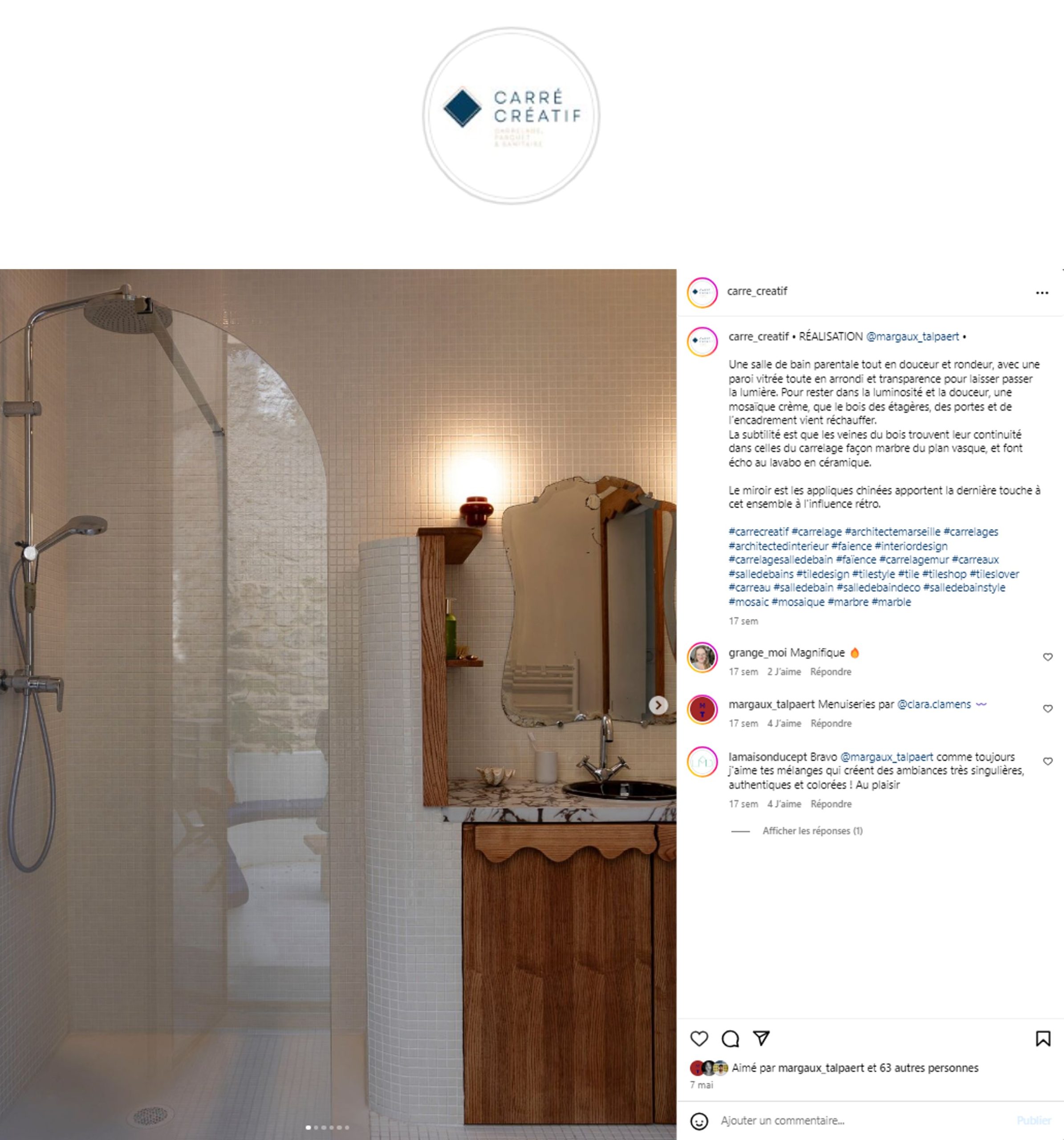 Publication presse article de Carré Créatif Marseille pour la Salle de bain du projet Barth par Margaux Talpaert, Architecte d'intérieur et décoratrice sur Marseille