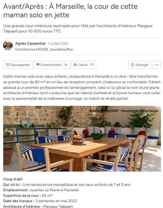 Publication presse article de Houzz pour la rénovation et l'aménagement de la cour intérieure - patio du projet Barth par Margaux Talpaert, Architecte d'intérieur et décoratrice sur Marseille