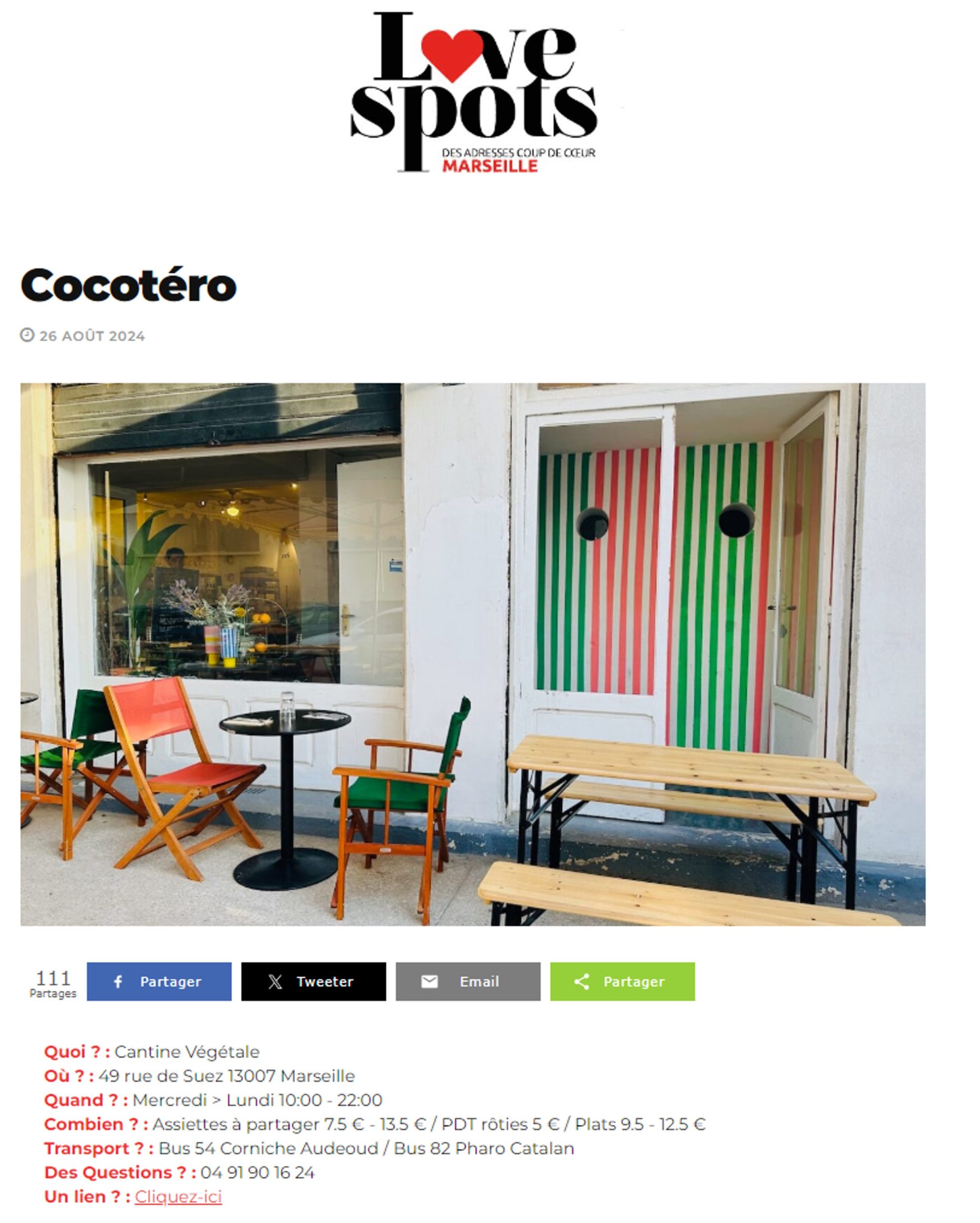 Publication presse article de Love Spots Marseille magazine du 5 sept 2024 poru le restaurant café bar cocotero par Margaux Talpaert architecte d'intérieur et décoratrice sur Marseille